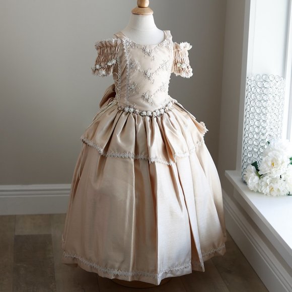 Flower Girl Dress Party Royal Princess Champagne Light Gold Girls Size 4 - Picture 1 of 6